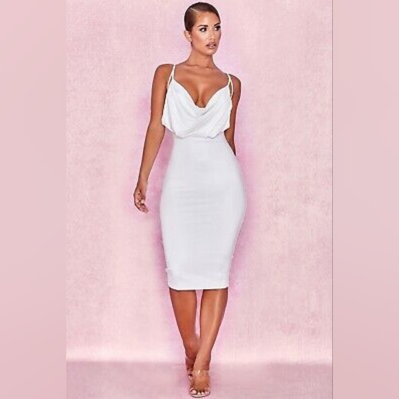 NWT HOUSE OF CB SAMARA WHITE COWL FRONT DRAPED JERSEY DRESS SIZE SMALL - Picture 4 of 7